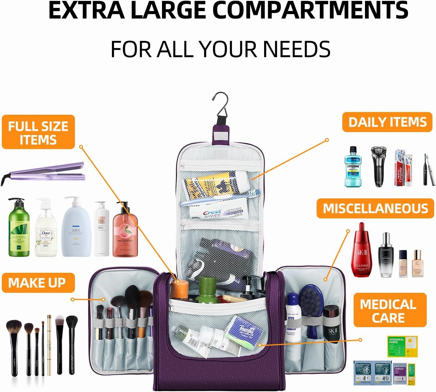 Buruis Extra Large Capacity Toiletry Bag for Women and Men, Hanging Toiletry Organizer Cosmetics Makeup Bag, Water-resistant Dopp Kit for Full Sized Toiletries, Travel Essentials (Purple)