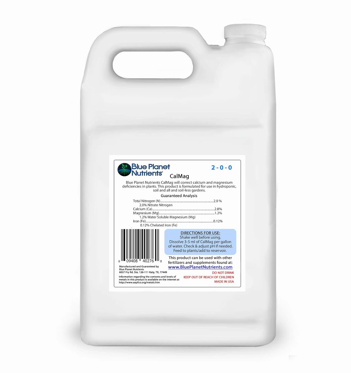 CalMag Plus Iron Liquid Plant Supplement (128 fl oz) Gallon | for All Plants & Gardens | Concentrated Calcium Magnesium Iron | Makes Up to 1,260 Gallons of Ready to Feed | Blue Planet Nutrients