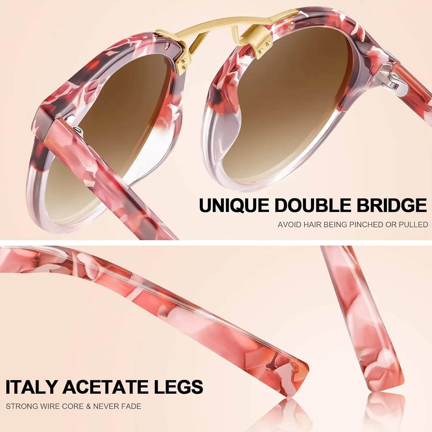 CARFIA Double Bridge Small Acetate Sunglasses for Women Polarized, Retro Metal Brow Ladies Sunnies Fashion Round Eyewears