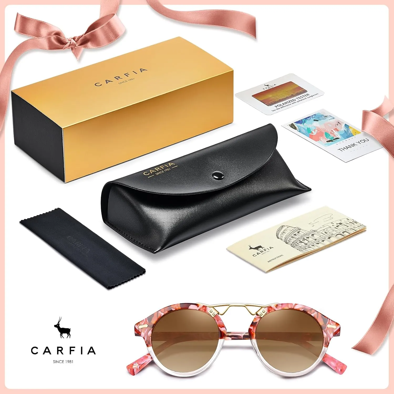 CARFIA Double Bridge Small Acetate Sunglasses for Women Polarized, Retro Metal Brow Ladies Sunnies Fashion Round Eyewears