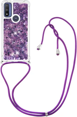 Case for Motorola G Power 2022, Glitter Quicksand Liquid Sparkle Silicone TPU Fashion Girly Women Case Cover with Adjustable Lanyard Neck Strap for Motorola Moto G Pure Love Purple YB