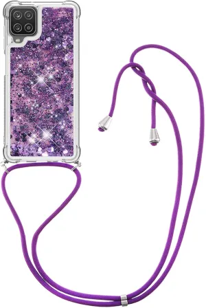 Case for Samsung A12, Glitter Quicksand Liquid Sparkle Silicone TPU Fashion Girly Women Case Cover with Adjustable Lanyard Neck Strap for Samsung Galaxy A12 Love Purple YB