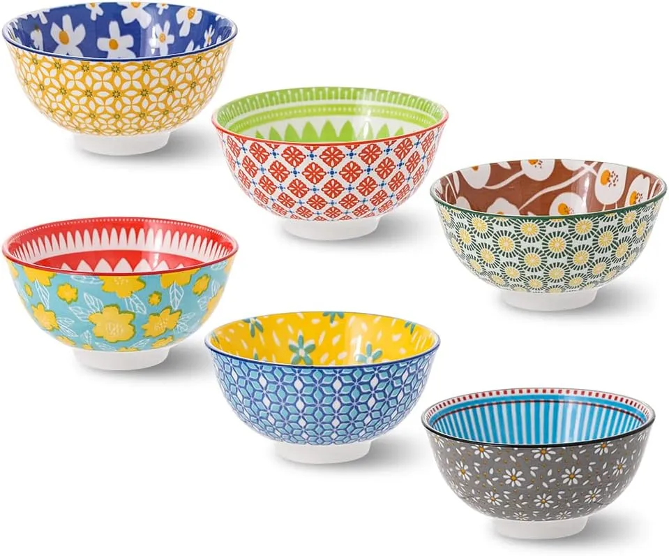 Ceramic Bowl Set Small Bowls - Porcelain Dessert Bowls 10 oz - 6 Little Bowl for Rice | Soup | Snack | Side Dishes | Yogurt | Ice Cream - Coloful Cute Bowl Sets Microwave | Dishwasher Safe - 4.75 Inch