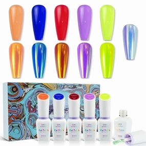 CHARMACY 6PCS Gel Nail Polish Set, Fall Colors: Orange, Blue, Red, Neon Yellow, Magic Aurora Chameleon Mirror Effect, Home Salon Gel Manicure Kit