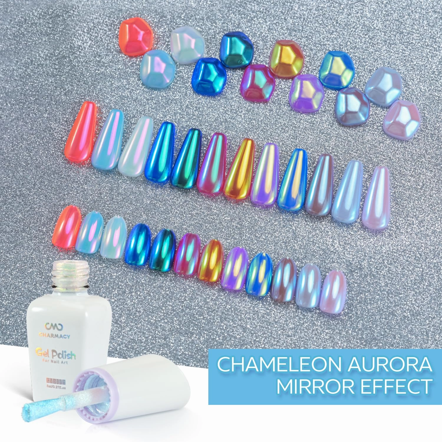 CHARMACY 6PCS Gel Nail Polish Set, Fall Colors: Orange, Blue, Red, Neon Yellow, Magic Aurora Chameleon Mirror Effect, Home Salon Gel Manicure Kit