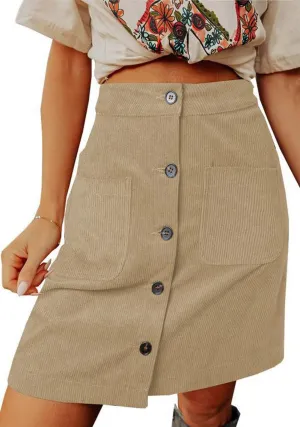 CHARTOU Women Corduroy Skirt Suede Pencil Skirt Office High Waist Button Bodycon Skirt Knee Length