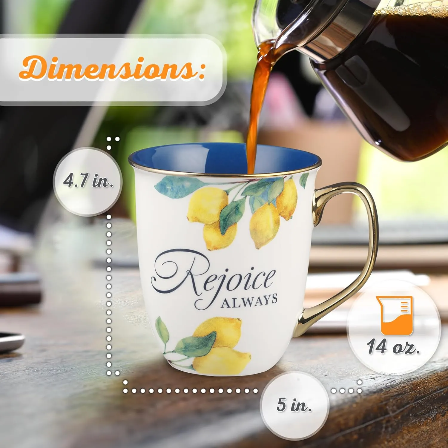 Christian Art Gifts Large Ceramic Inspirational Scripture Coffee & Tea Mug for Women: Rejoice Always Encouraging Bible Verse, Yellow Lemon, Cute Gold Novelty Drinkware Cup, Navy Blue & White, 14 oz.