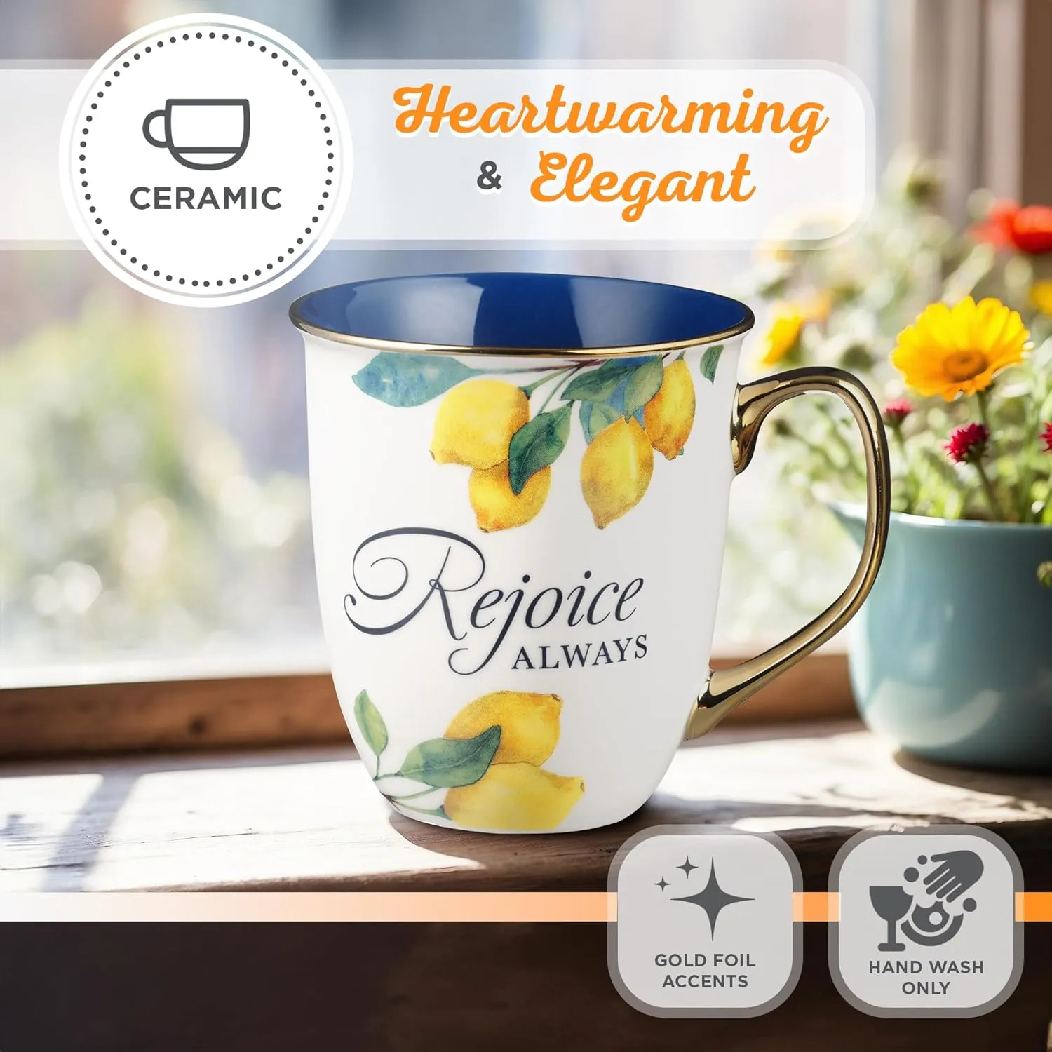Christian Art Gifts Large Ceramic Inspirational Scripture Coffee & Tea Mug for Women: Rejoice Always Encouraging Bible Verse, Yellow Lemon, Cute Gold Novelty Drinkware Cup, Navy Blue & White, 14 oz.