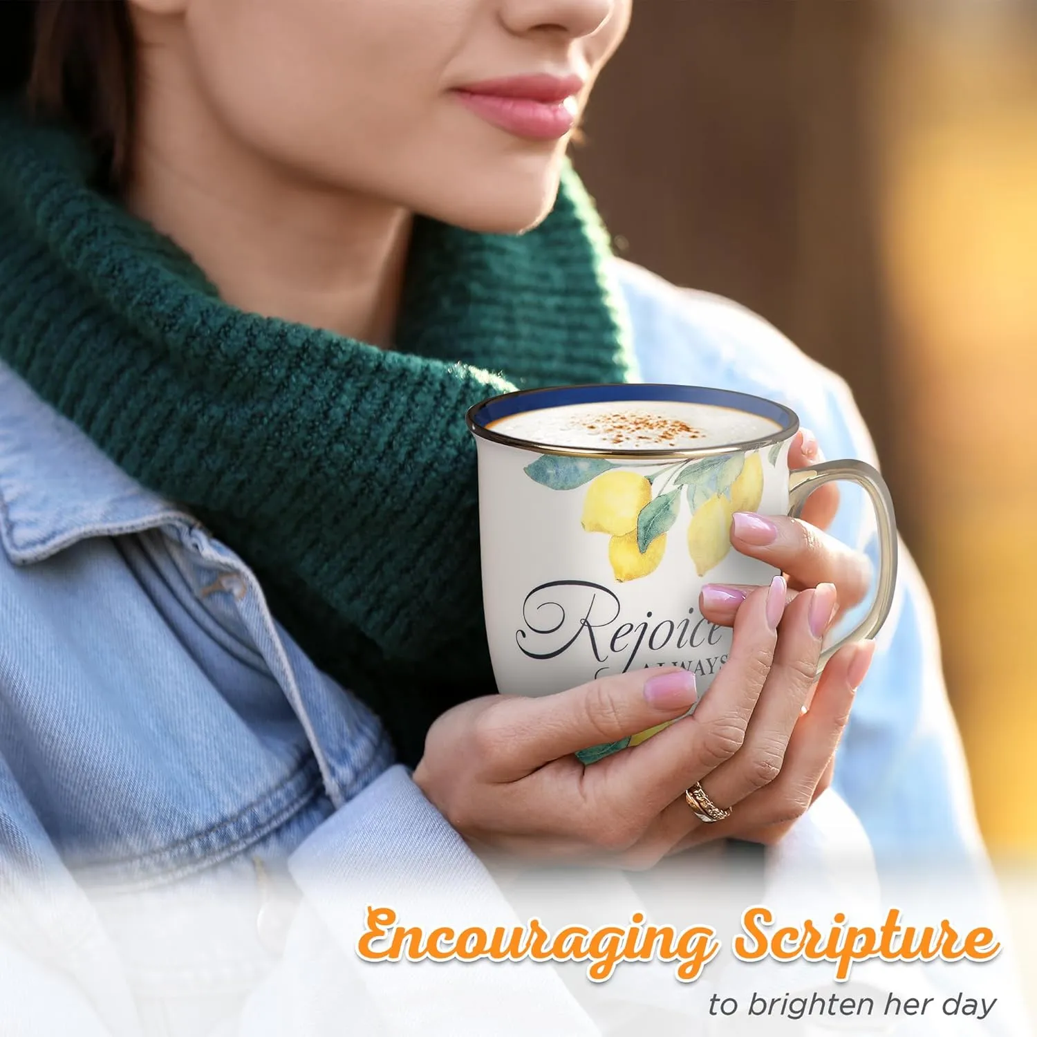 Christian Art Gifts Large Ceramic Inspirational Scripture Coffee & Tea Mug for Women: Rejoice Always Encouraging Bible Verse, Yellow Lemon, Cute Gold Novelty Drinkware Cup, Navy Blue & White, 14 oz.