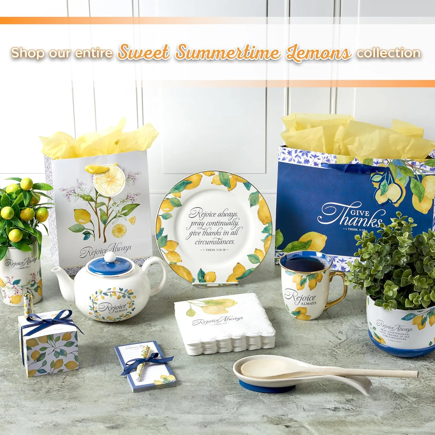 Christian Art Gifts Large Ceramic Inspirational Scripture Coffee & Tea Mug for Women: Rejoice Always Encouraging Bible Verse, Yellow Lemon, Cute Gold Novelty Drinkware Cup, Navy Blue & White, 14 oz.