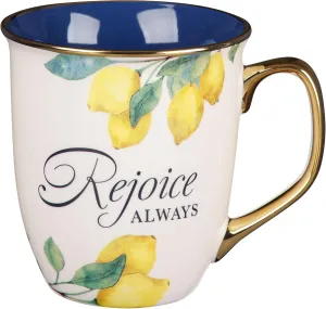 Christian Art Gifts Large Ceramic Inspirational Scripture Coffee & Tea Mug for Women: Rejoice Always Encouraging Bible Verse, Yellow Lemon, Cute Gold Novelty Drinkware Cup, Navy Blue & White, 14 oz.