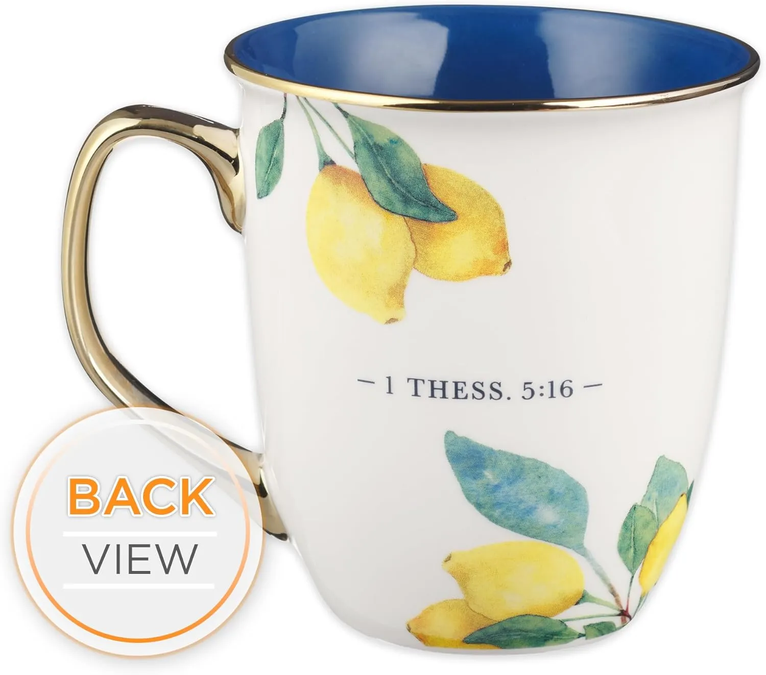 Christian Art Gifts Large Ceramic Inspirational Scripture Coffee & Tea Mug for Women: Rejoice Always Encouraging Bible Verse, Yellow Lemon, Cute Gold Novelty Drinkware Cup, Navy Blue & White, 14 oz.