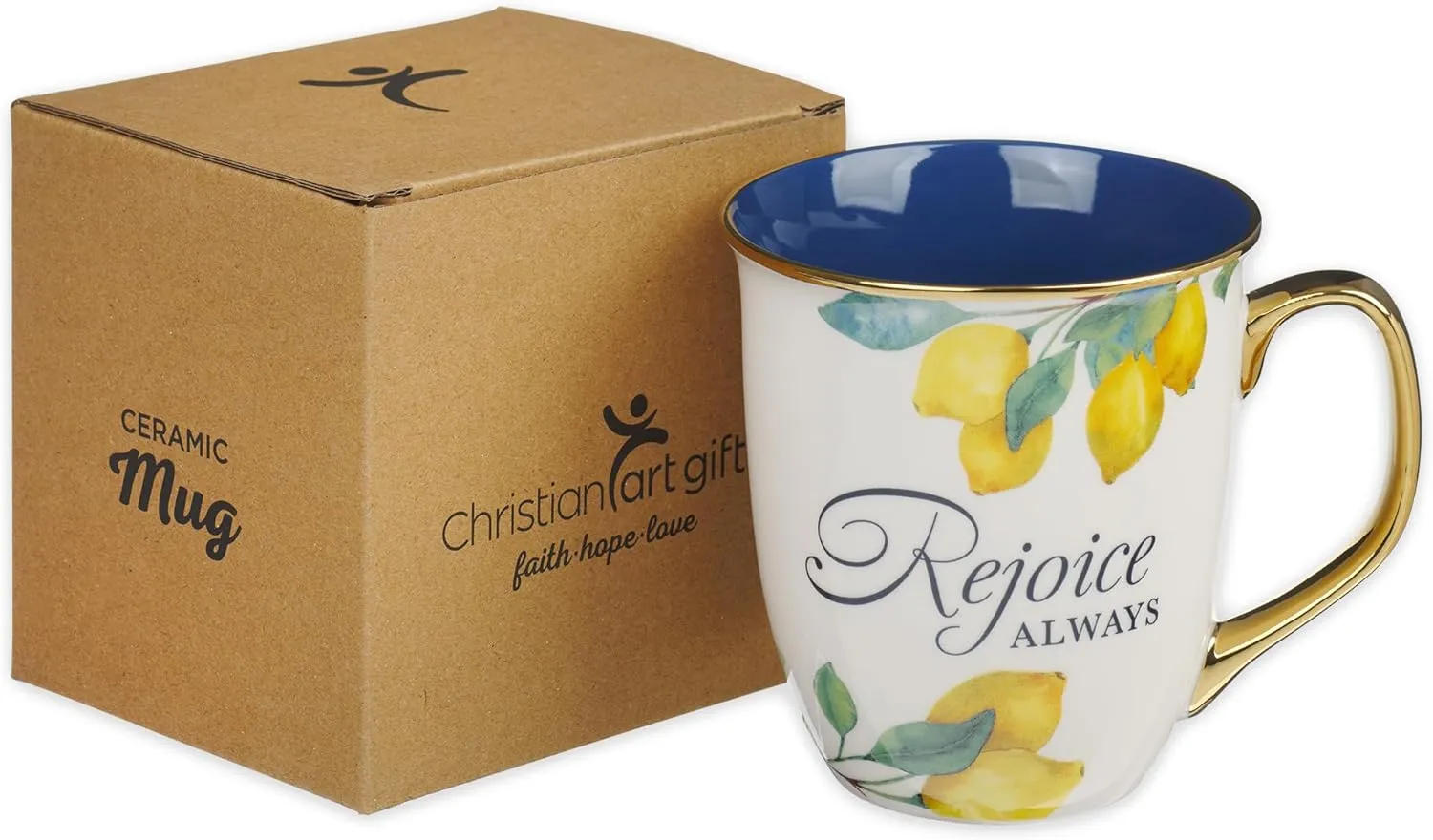 Christian Art Gifts Large Ceramic Inspirational Scripture Coffee & Tea Mug for Women: Rejoice Always Encouraging Bible Verse, Yellow Lemon, Cute Gold Novelty Drinkware Cup, Navy Blue & White, 14 oz.