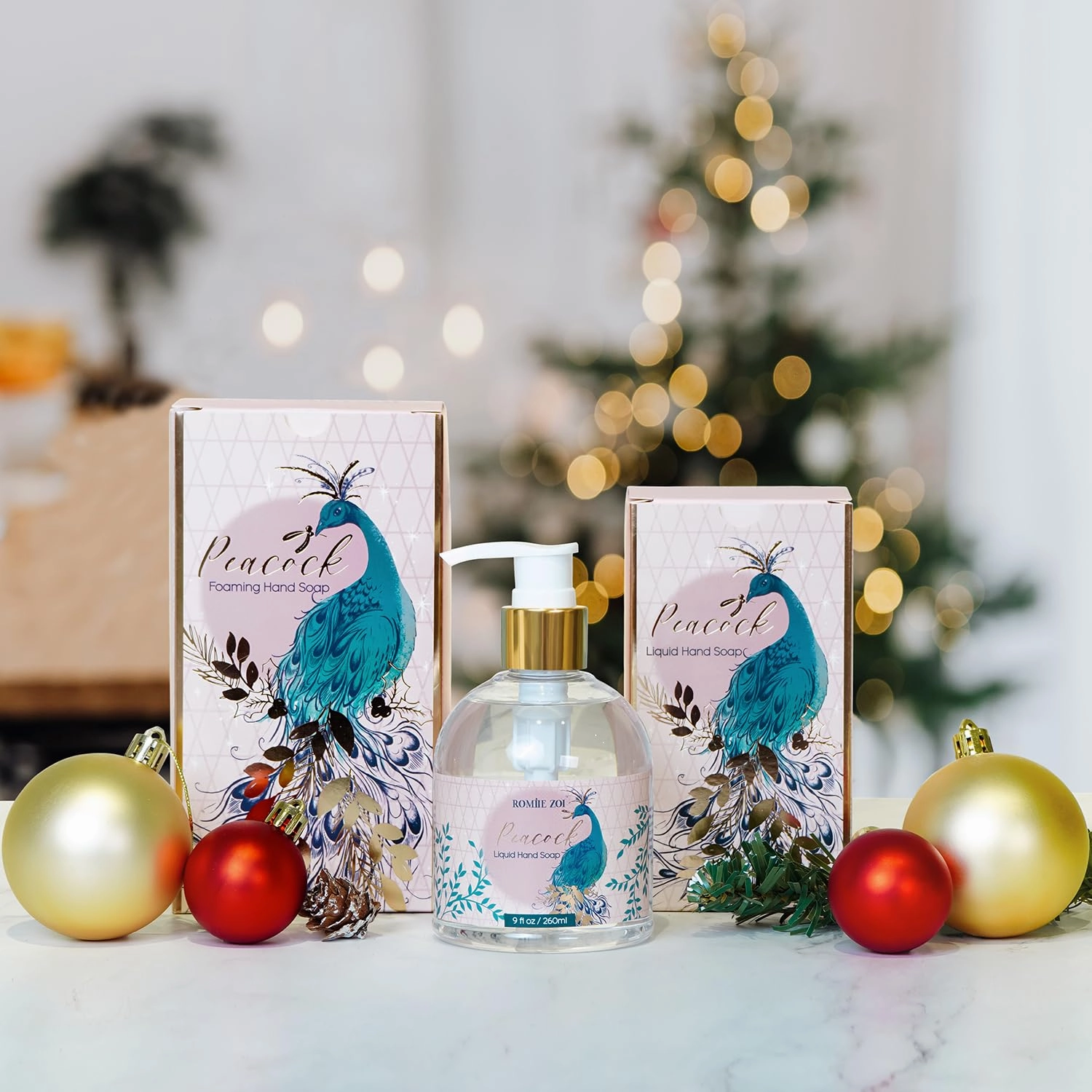 Christmas Liquid Hand Soap with Gift Box - Peacock, Infused with Blue Lotus Aroma - - 260ml/ 9 fl.oz（Pack of 3）