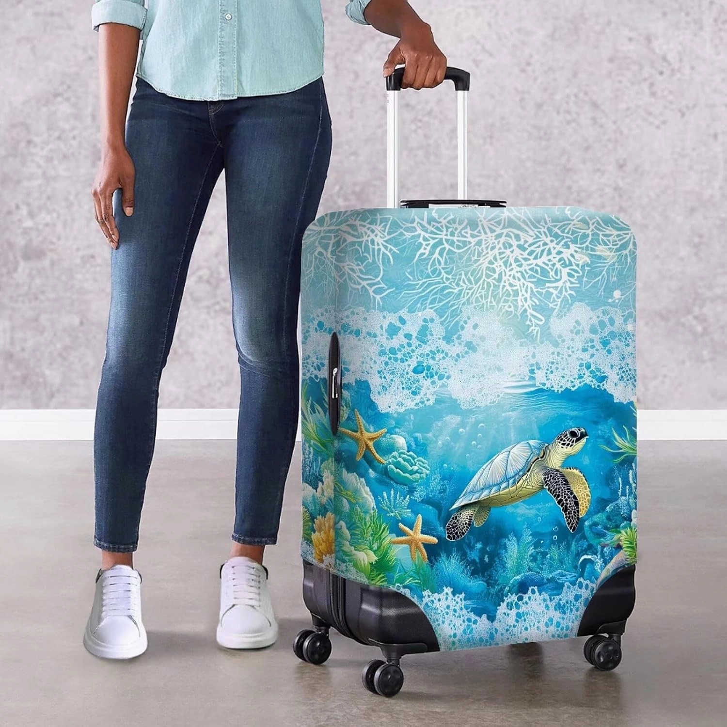 COEQINE Luggage Protector Suitcase Cover Cary On Suitcase Covers for Luggage Travel Stretchy Washable Travel Accessories Blue Ocean Sea Turtle Starfish Print