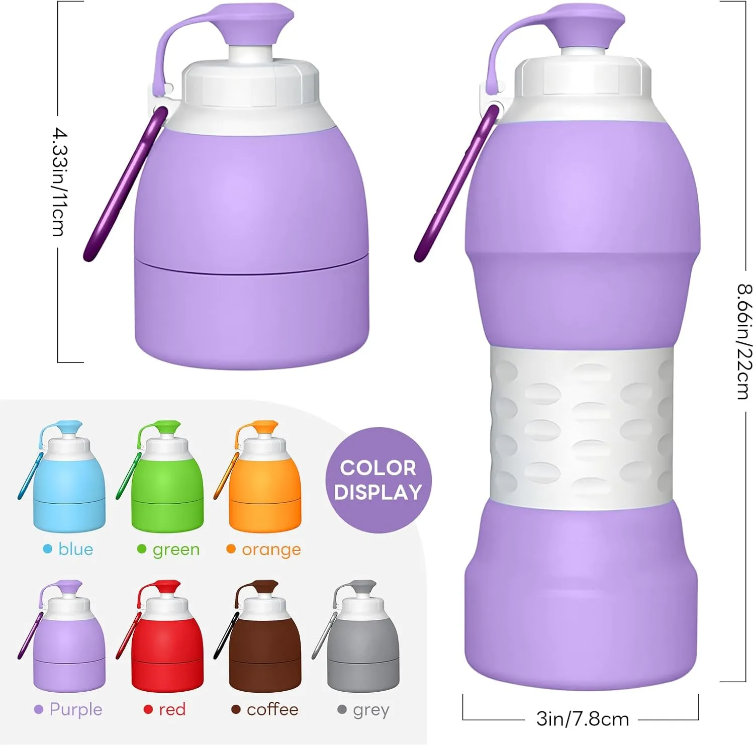Collapsible Lightweight 20oz Water Bottle, Food-Grade Silicone BPA Free, Foldable Portable Leak Proof Office Travel Cycling Sports Outdoor Water Bottle with Vertical Hook (purple, Short nozzle)