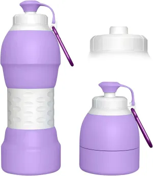 Collapsible Lightweight 20oz Water Bottle, Food-Grade Silicone BPA Free, Foldable Portable Leak Proof Office Travel Cycling Sports Outdoor Water Bottle with Vertical Hook (purple, Short nozzle)