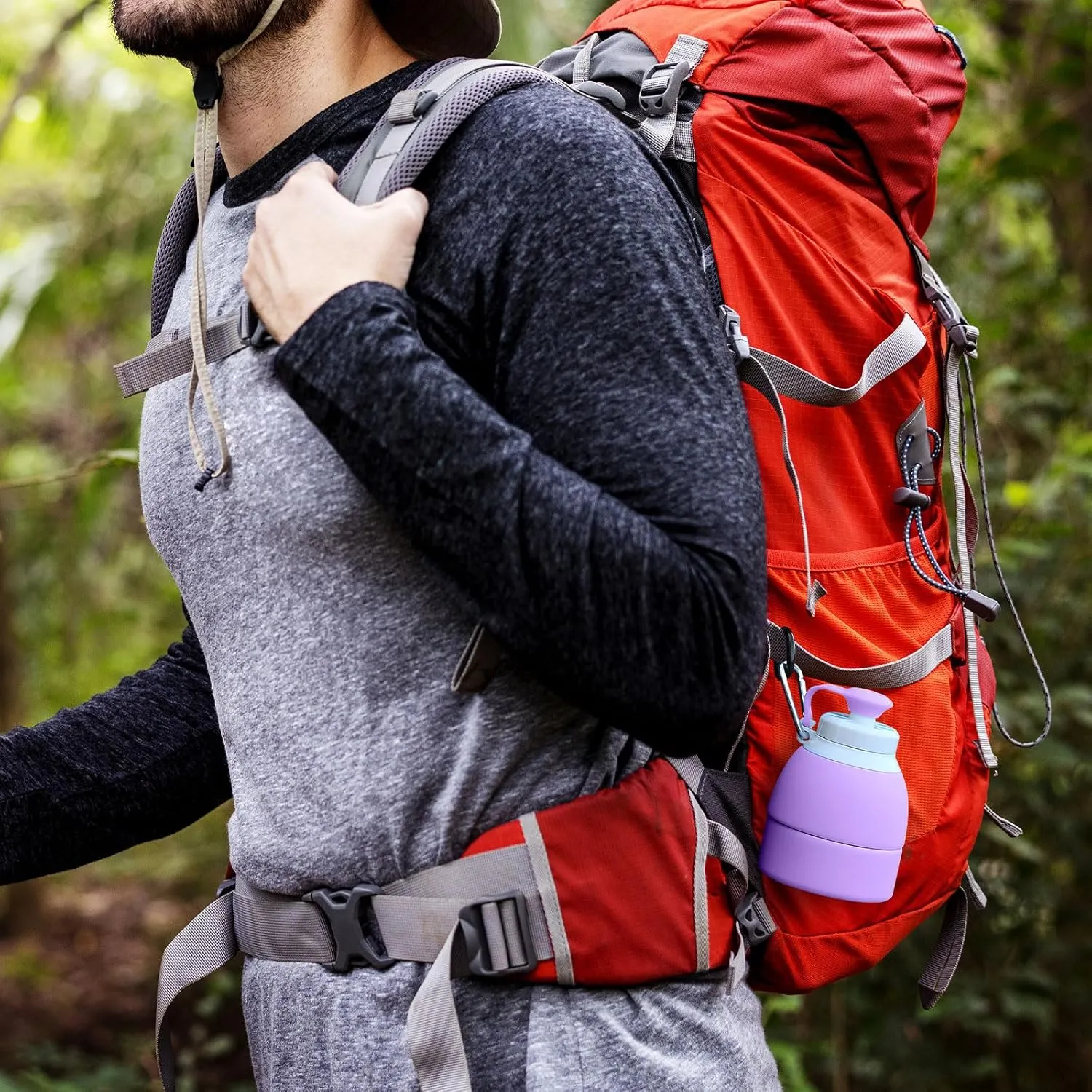 Collapsible Lightweight 20oz Water Bottle, Food-Grade Silicone BPA Free, Foldable Portable Leak Proof Office Travel Cycling Sports Outdoor Water Bottle with Vertical Hook (purple, Short nozzle)