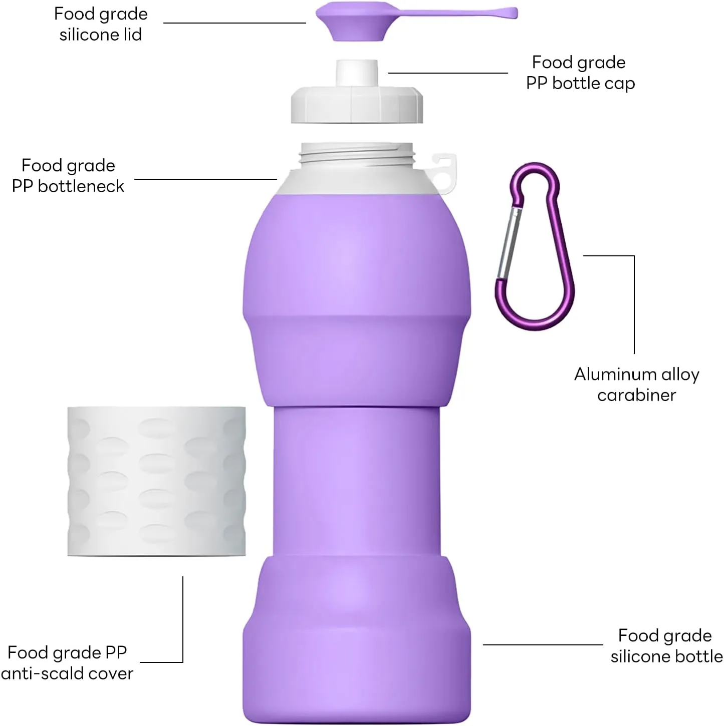 Collapsible Lightweight 20oz Water Bottle, Food-Grade Silicone BPA Free, Foldable Portable Leak Proof Office Travel Cycling Sports Outdoor Water Bottle with Vertical Hook (purple, Short nozzle)