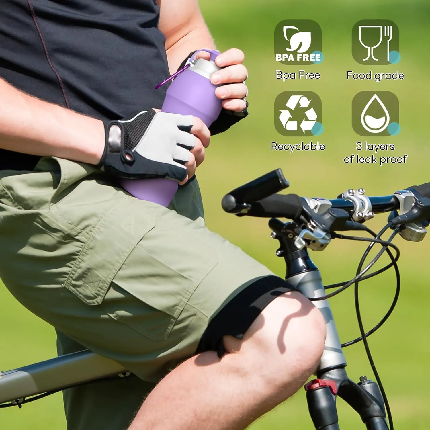 Collapsible Lightweight 20oz Water Bottle, Food-Grade Silicone BPA Free, Foldable Portable Leak Proof Office Travel Cycling Sports Outdoor Water Bottle with Vertical Hook (purple, Short nozzle)