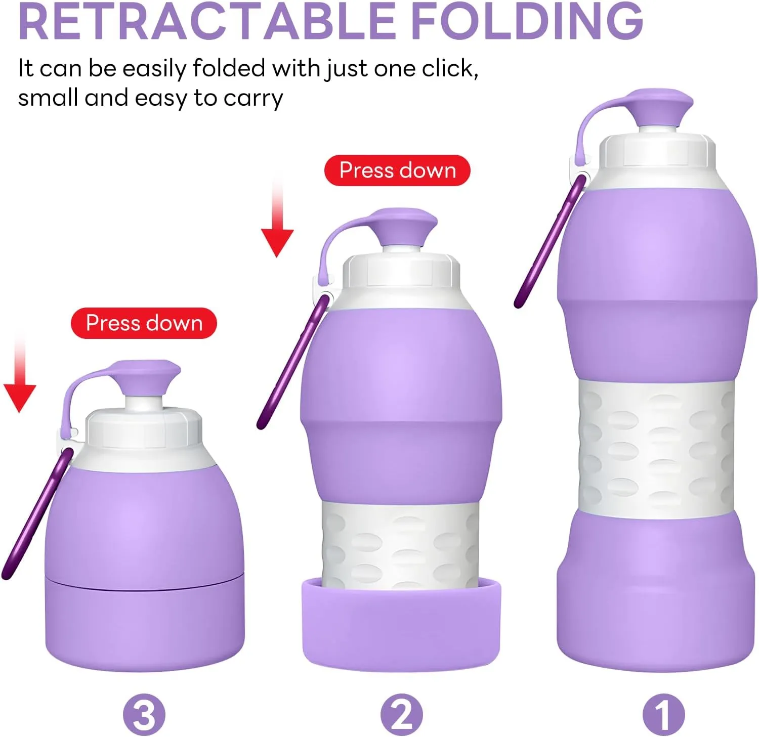 Collapsible Lightweight 20oz Water Bottle, Food-Grade Silicone BPA Free, Foldable Portable Leak Proof Office Travel Cycling Sports Outdoor Water Bottle with Vertical Hook (purple, Short nozzle)