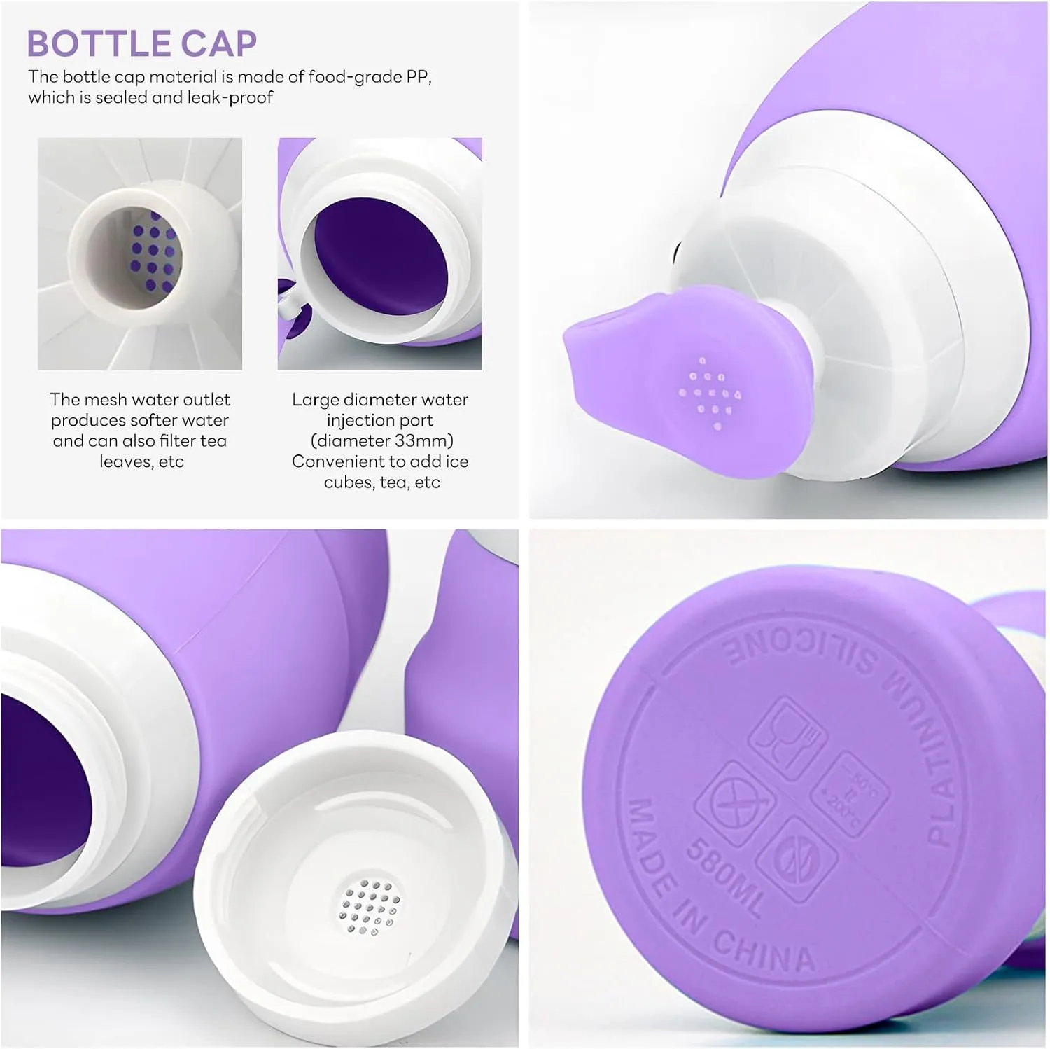 Collapsible Lightweight 20oz Water Bottle, Food-Grade Silicone BPA Free, Foldable Portable Leak Proof Office Travel Cycling Sports Outdoor Water Bottle with Vertical Hook (purple, Short nozzle)