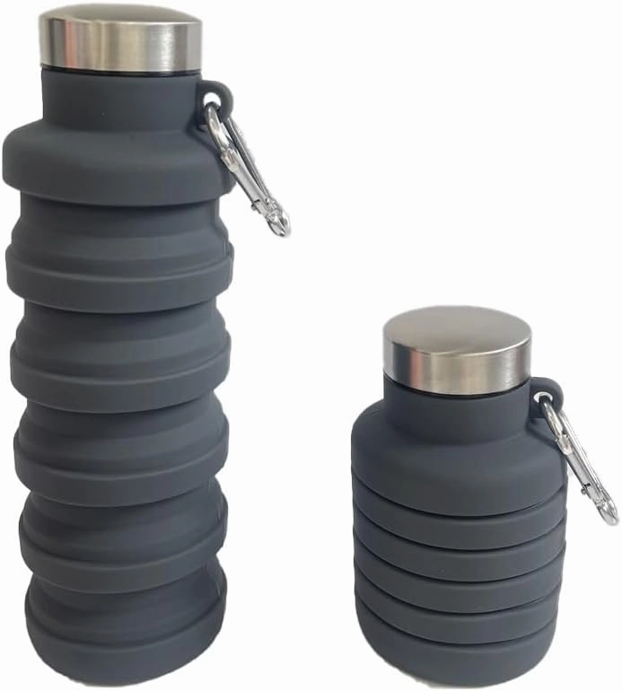 Collapsible Water Bottle with Handle, Silicone Travel Bottle, Blue (Carabiner, Gray)