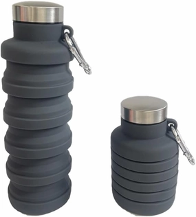 Collapsible Water Bottle with Handle, Silicone Travel Bottle, Blue (Carabiner, Gray)