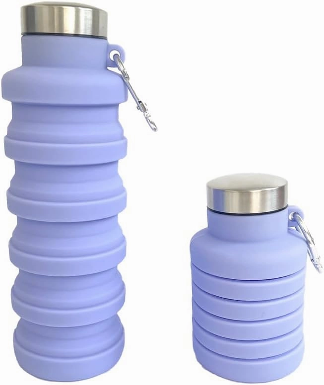 Collapsible Water Bottle with Handle, Silicone Travel Bottle, Blue (Carabiner, Purple)