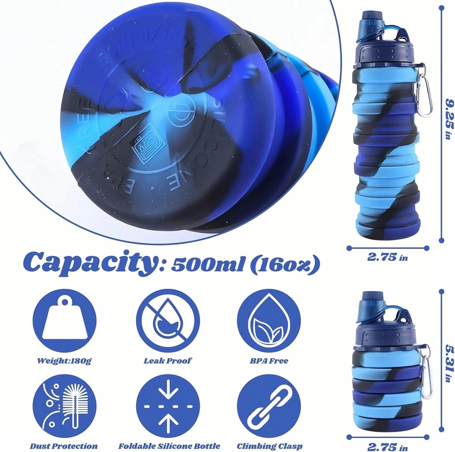 Collapsible Water Bottles Travel Water Bottle Sports Portable Sport Water Bottle Reusable Water Bottles Comes with Mountaineering Buckle(Purple)