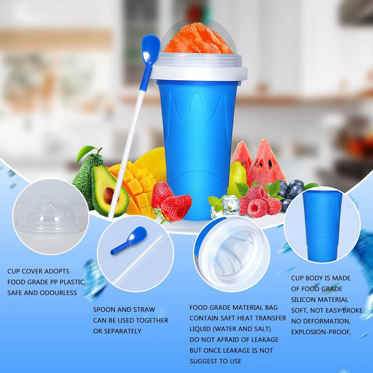 Color Land Slushy Cup, TIK TOK Slushie Maker Cup Frozen Magic Squeeze Cup, Ice Cream Maker Cup, Cool Stuff Trending Tiktok Items Homemade DIY Cool Gadgets with Lid & Straw (350ML, BLUE)