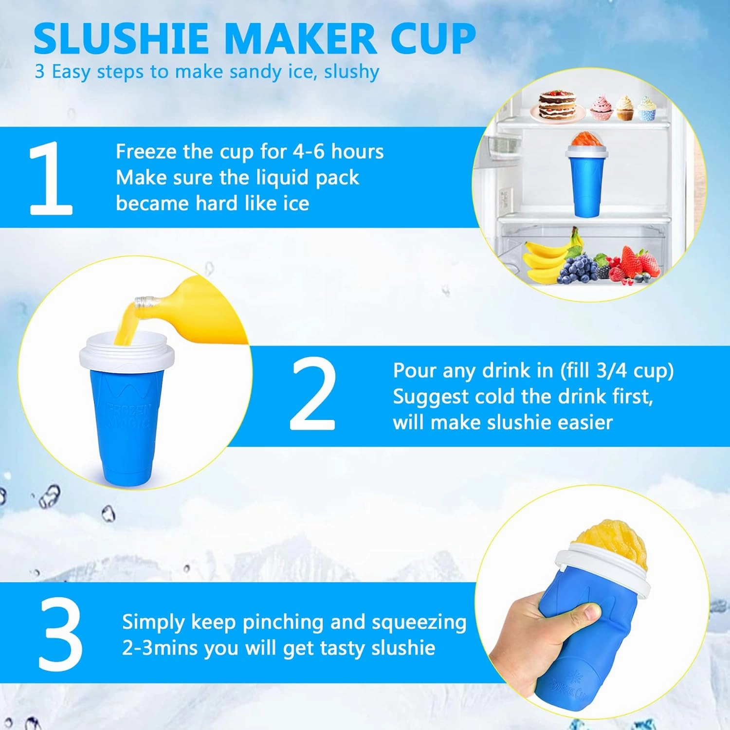 Color Land Slushy Cup, TIK TOK Slushie Maker Cup Frozen Magic Squeeze Cup, Ice Cream Maker Cup, Cool Stuff Trending Tiktok Items Homemade DIY Cool Gadgets with Lid & Straw (350ML, BLUE)