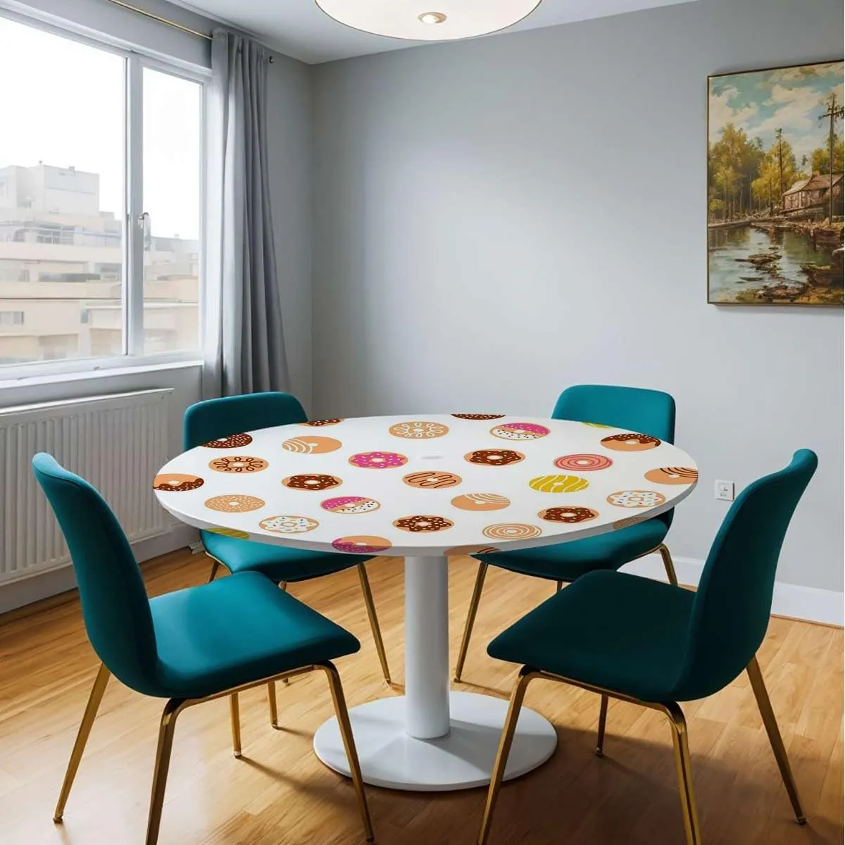 Coral Cream Elastic Edged Polyester Fitted Table Cover Breakfast Fast Food Dessert Donuts Art for Dining Tables,Buffet Parties and Camping Fit for 40"-43" Diameter Table Food Decor