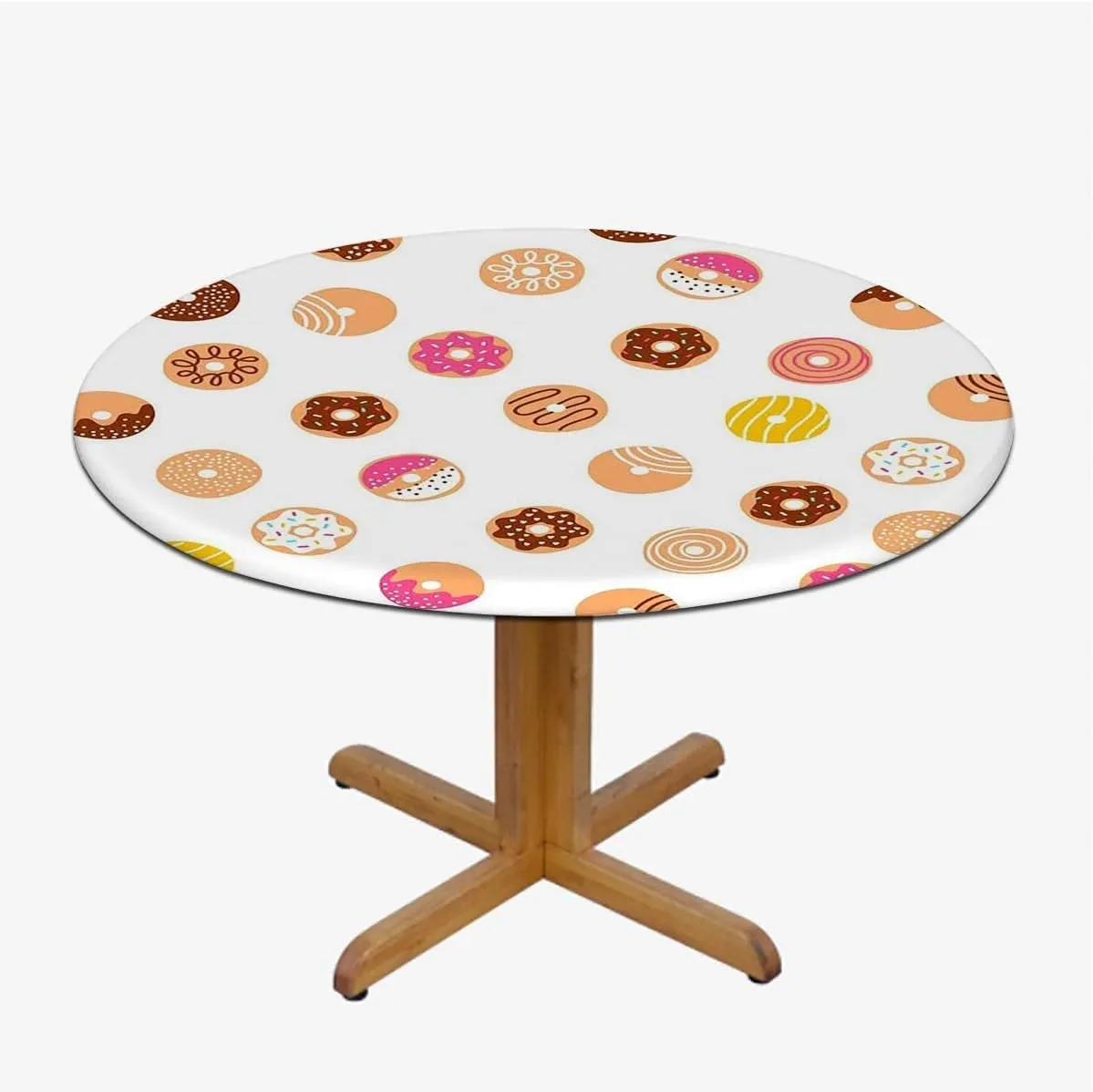 Coral Cream Elastic Edged Polyester Fitted Table Cover Breakfast Fast Food Dessert Donuts Art for Dining Tables,Buffet Parties and Camping Fit for 40"-43" Diameter Table Food Decor