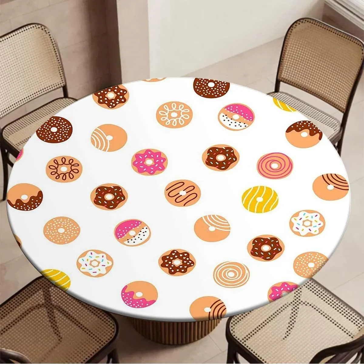 Coral Cream Elastic Edged Polyester Fitted Table Cover Breakfast Fast Food Dessert Donuts Art for Dining Tables,Buffet Parties and Camping Fit for 40"-43" Diameter Table Food Decor