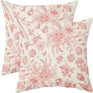 Coral Floral Pillow Covers 18x18 Set of 2 Vintage Flower Chinoiserie Cream Decorative Throw Pillows Outdoor Country Farmhouse Pillowcases Square Cushion Case Decor for Home Sofa Couch Bed