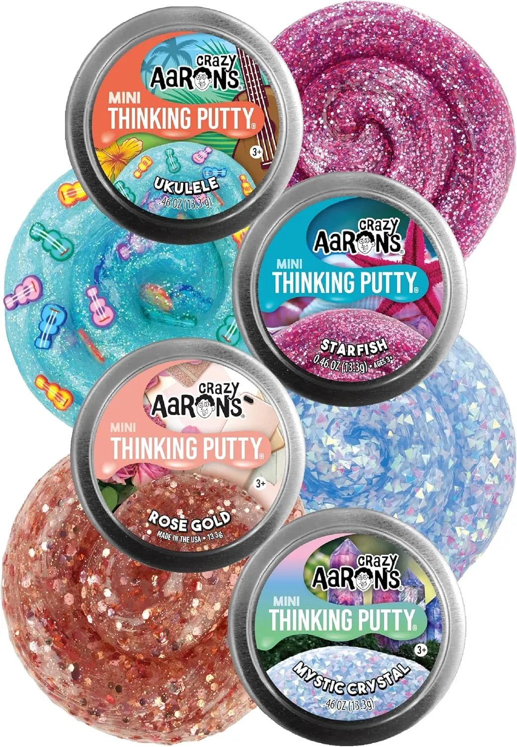 Crazy Aaron's Putty Mini Tins Mystical Crystal, Ukulele, Starfish & Rose Gold Gift Set Bundle - 4 Pack (13.3g Each)