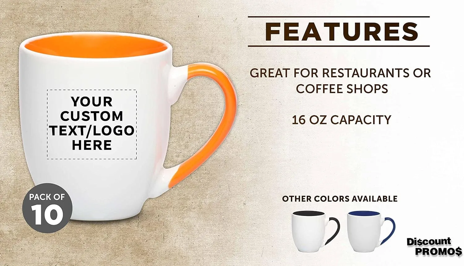 Custom Bistro Style Large Coffee Mugs 16 oz. Set of 10, Personalized Bulk Pack - Perfect for Coffee, Tea, Espresso, Hot Cocoa, Other Beverages - Orange