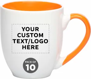 Custom Bistro Style Large Coffee Mugs 16 oz. Set of 10, Personalized Bulk Pack - Perfect for Coffee, Tea, Espresso, Hot Cocoa, Other Beverages - Orange