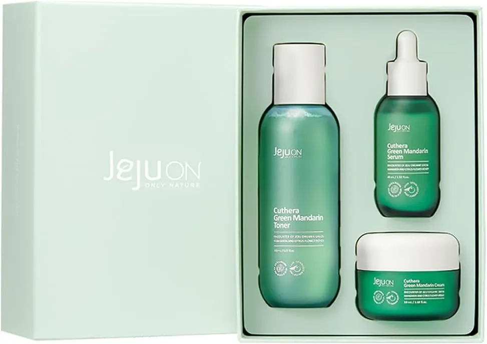 Cuthera Green Mandarin 3-Piece Korean Skincare Set - Essence Toner, Serum, Cream Citrus Scent Jeju Natural Vitamin Rich Hydrating, Pore Tightening, Skin Calming, Oil Water Balance Care