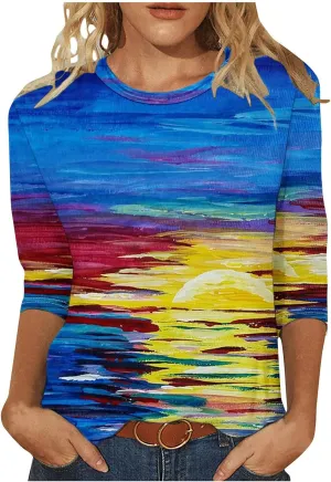 DASAYO Womens Fashion 2024 3/4 Sleeve Shirts Crewneck Casual Plus Size Tops for Women Trendy Tie Die Print Going Out Tops