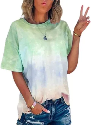 DASAYO Women's Fashion Summer Top Shirt Loose Short Sleeve Gradient Tie Dye T-Shirt Blouse Trendy Casual Cute Tees Shirts