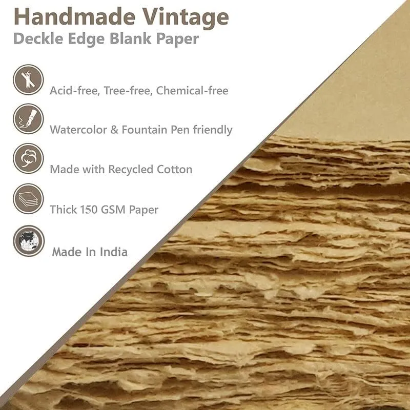 Deckle Papers Handmade Deckle Edge Printer Friendly Blank Paper Mixed Media Loose Leaf Paper -Thick 150 GSM Size-A4 Pack of-50-Brown