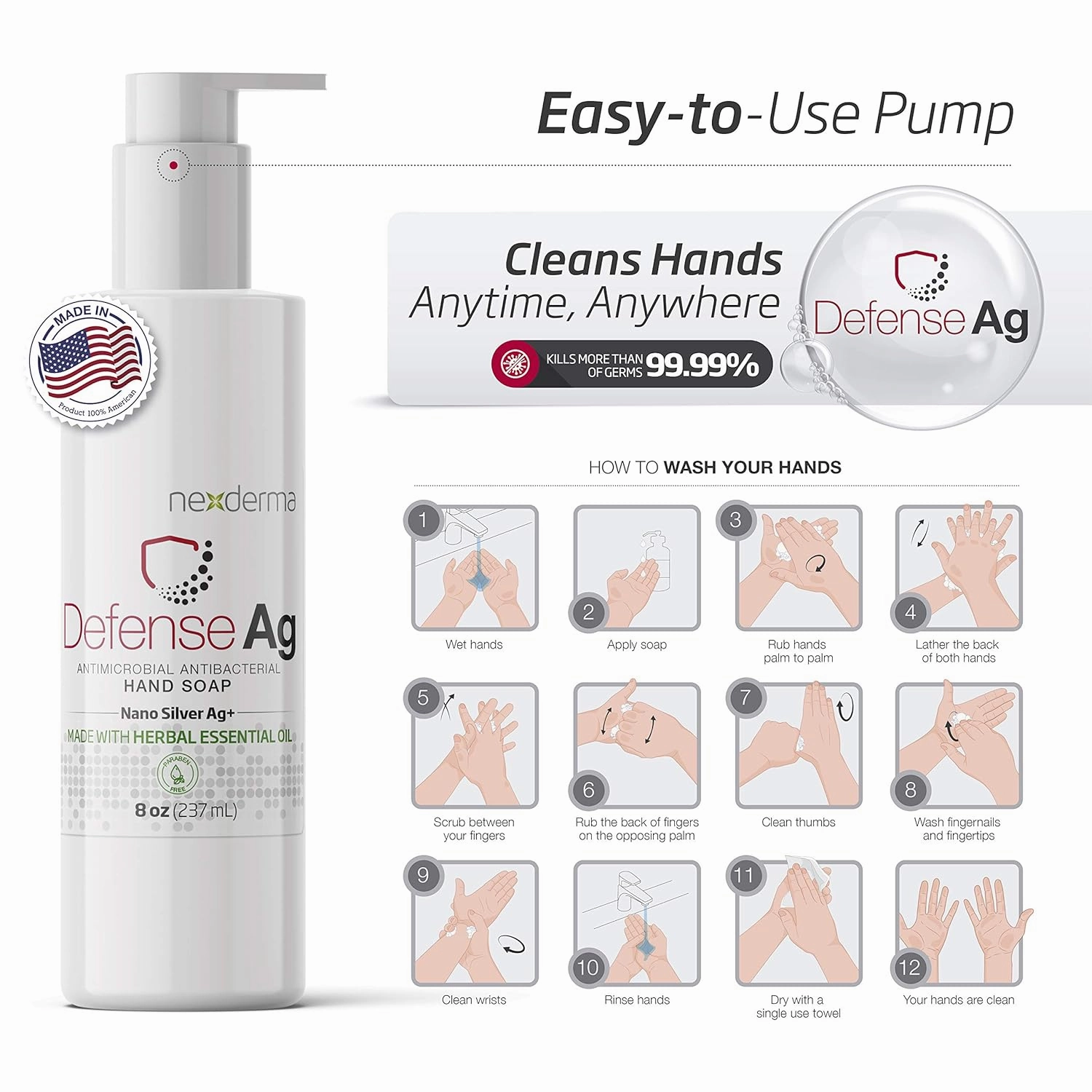 Defense Ag Hand Soap with Coconut oil, Oat extract, Vitamin E and Herbal Essential Oil | Paraben free, Moisturizing & Effective Daily Hand Wash, Cleanser Combo | 8oz (236ml Each) - Pack of 3