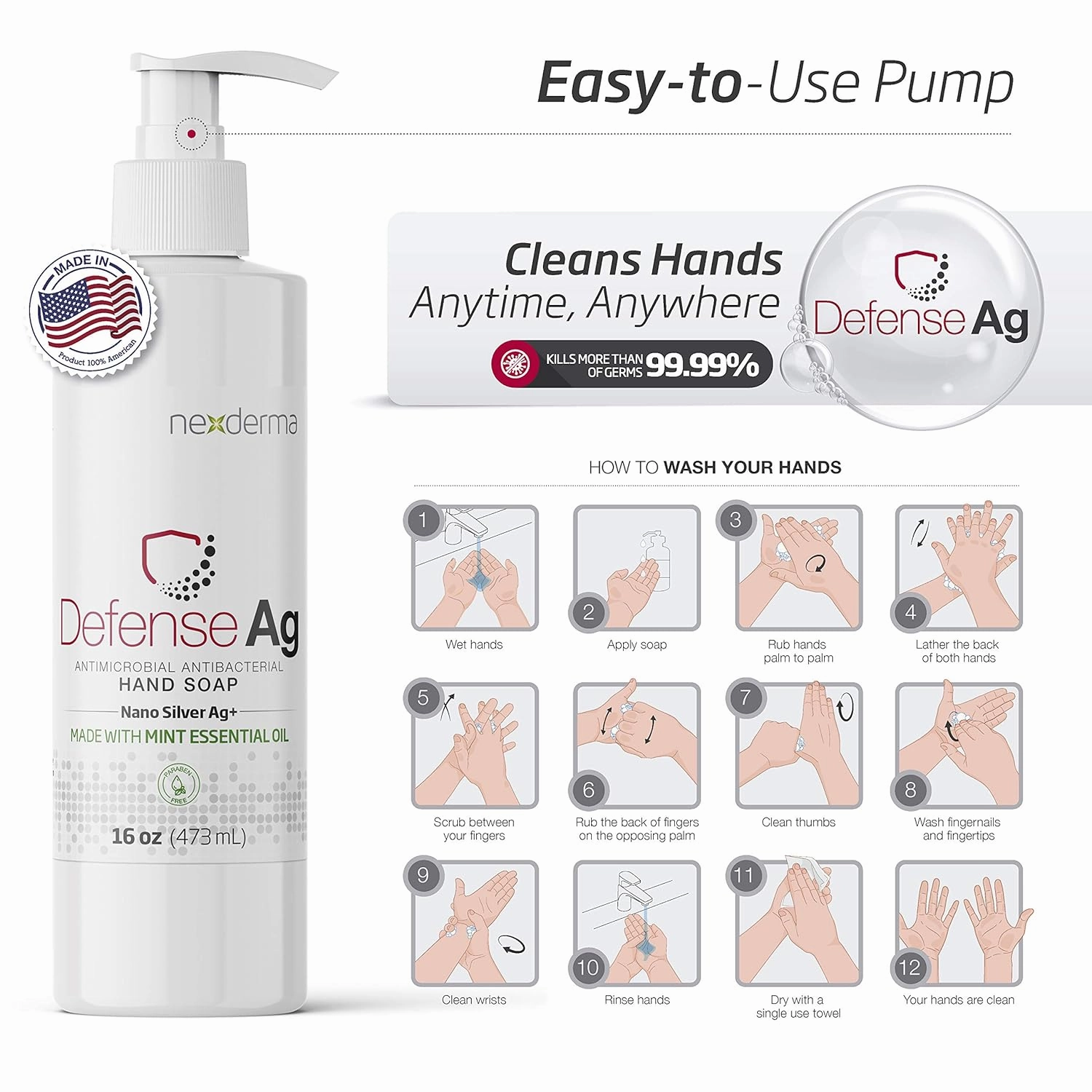 Defense Ag Hand Soap with Coconut oil, Oat extract, Vitamin E and MINT Essential Oil | Paraben free, Moisturizing and Effective Daily Hand Wash, Cleanser Combo - 16oz (473ml Each) - Pack of 6