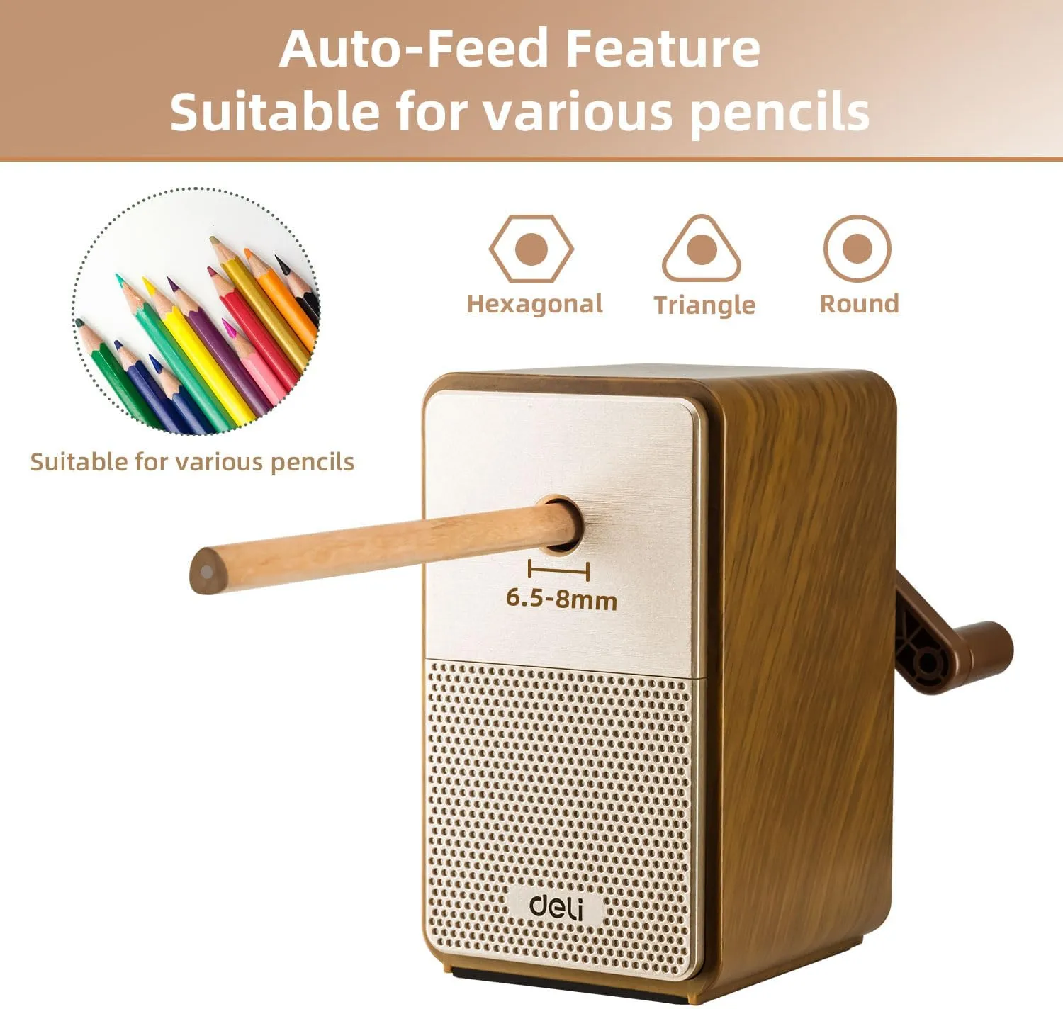Deli Manual Pencil Sharpener - Auto-in Hand Crank with Adjustable Point for Colored Pencils, Kids, Students, Classroom, Home and Office, Brown