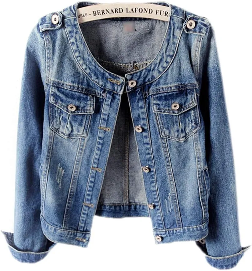 Denim Jackets Women Retro Collarless Long Sleeve Short Crop Jeans Coat