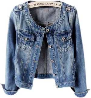 Denim Jackets Women Retro Collarless Long Sleeve Short Crop Jeans Coat
