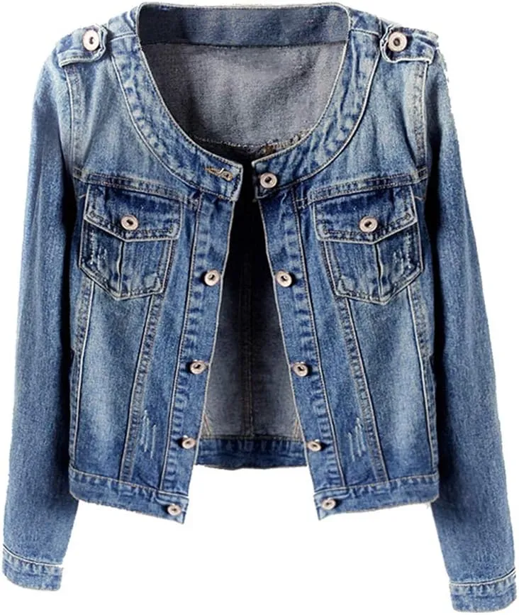 Denim Jackets Women Retro Collarless Long Sleeve Short Crop Jeans Coat