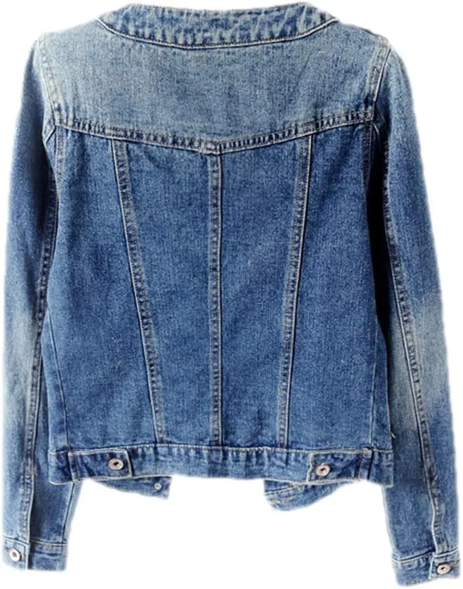 Denim Jackets Women Retro Collarless Long Sleeve Short Crop Jeans Coat